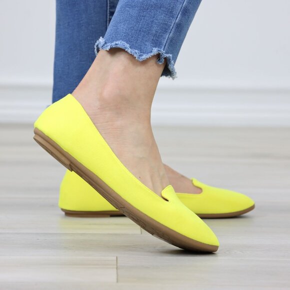 Neon Yellow Faux Suede Rounded Toe Slip On Flat Shoes - Picture 5 of 11